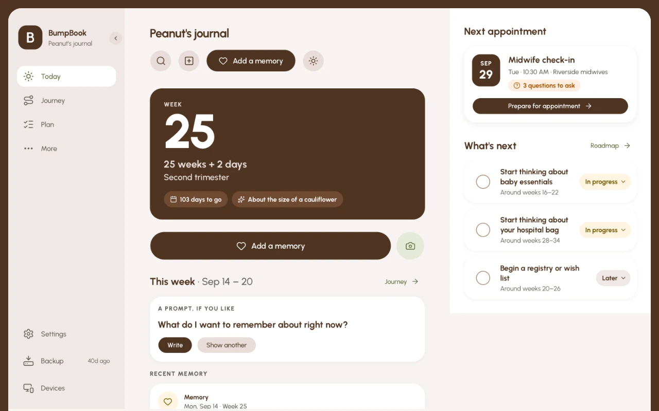 The Today screen in BumpBook: the week of the pregnancy, the days to go, a prompt to write from, the next appointment and what to think about next