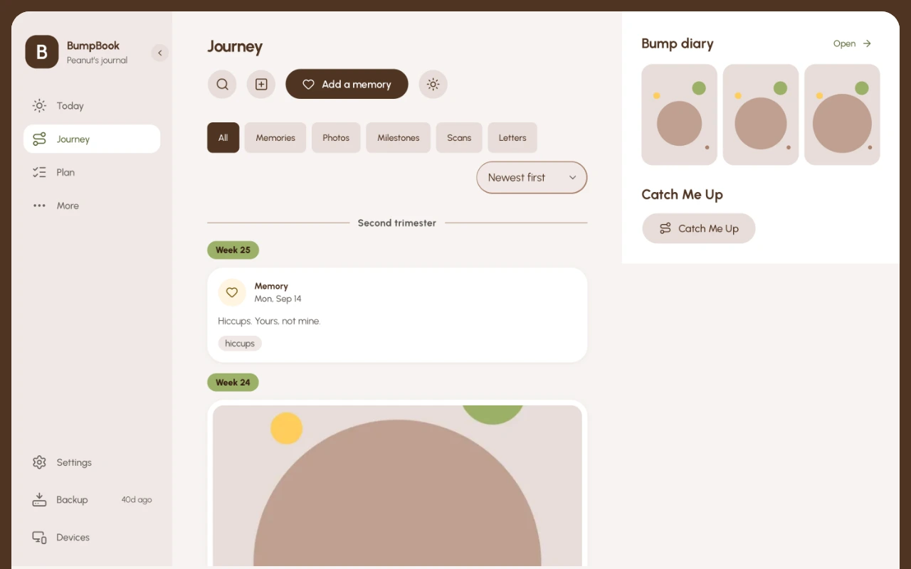 The Journey screen in BumpBook: memories and photos gathered by week, with filters for memories, photos, milestones, scans and letters