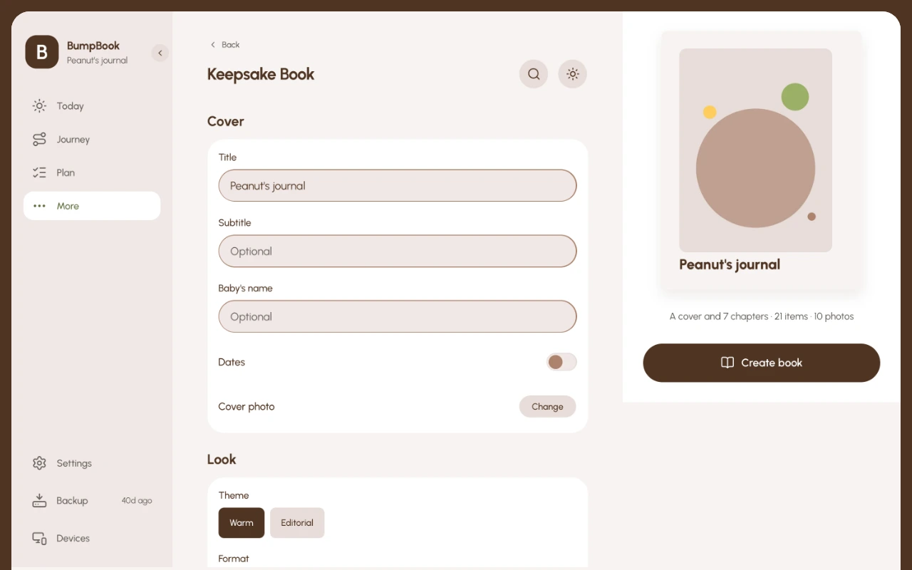 The Keepsake Book screen in BumpBook: the cover's title and photo, the style, and the Create book button